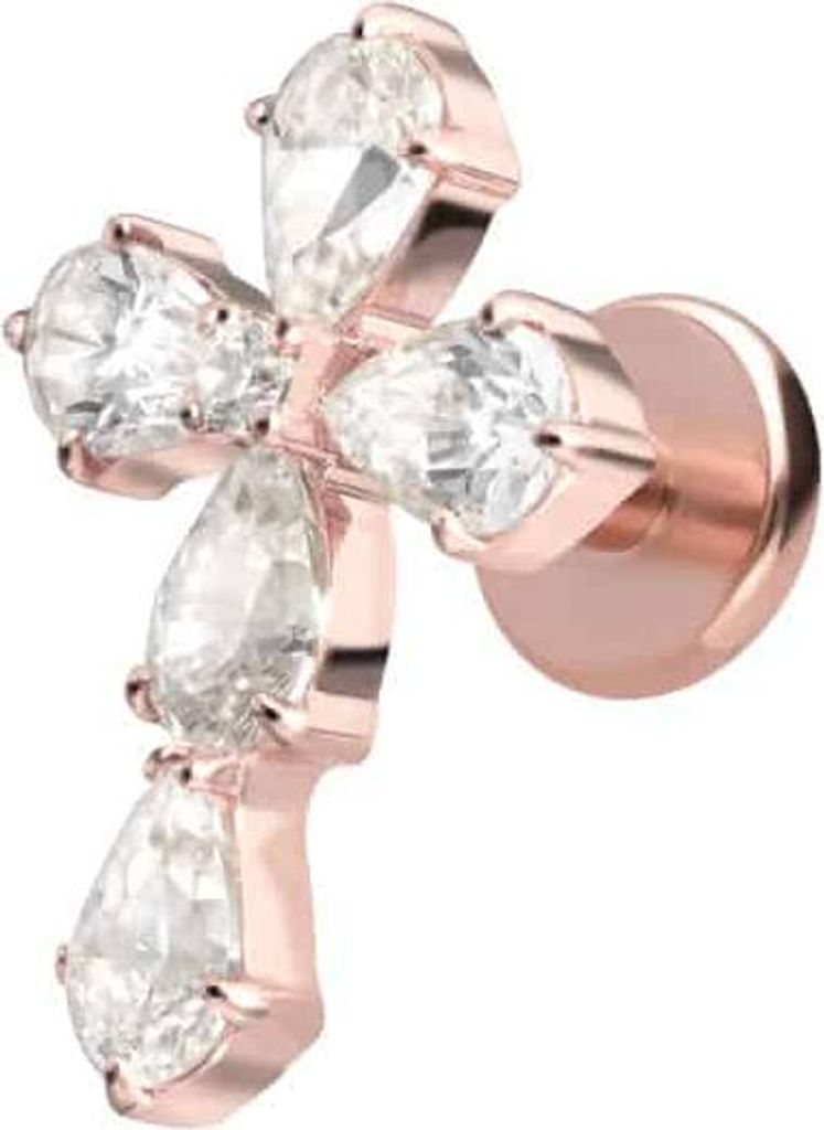 Ohrpiercing, Nasenpiercing Titan Labret mit Innengewinde KRISTALLKREUZ RoséGold Stablänge: 5mm | Stabstärke: 1,2mm