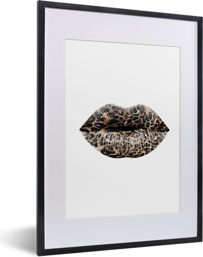 MuchoWow MuchoWow Gerahmtes Poster Lippen - Tigerdruck - Weiß 30x40 cm - Poster mit zchwarzem Bilderrahmen - Wandposter Schlafzimmer