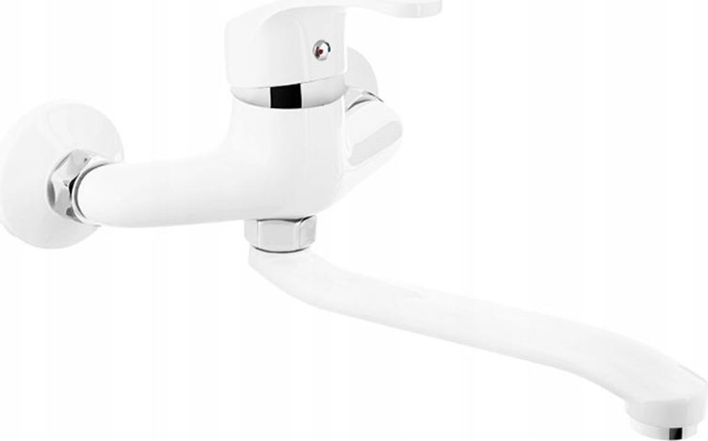 A white wall-mounted kitchen faucet against a white background.