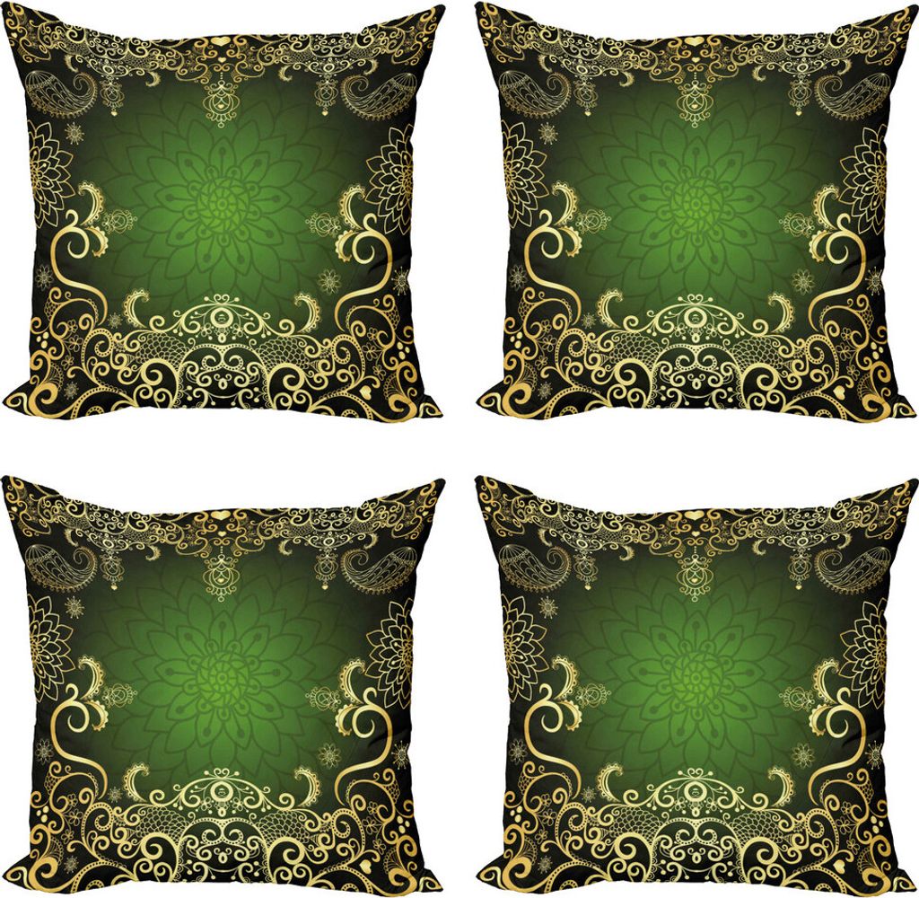 ABAKUHAUS Mandala Kissenbezug Set (4 Stück), Rahmen Lotus, Moderner Doppelseitiger Digitaldruck, 45 cm x 45 cm, Grün Schwarz Hellgelbe