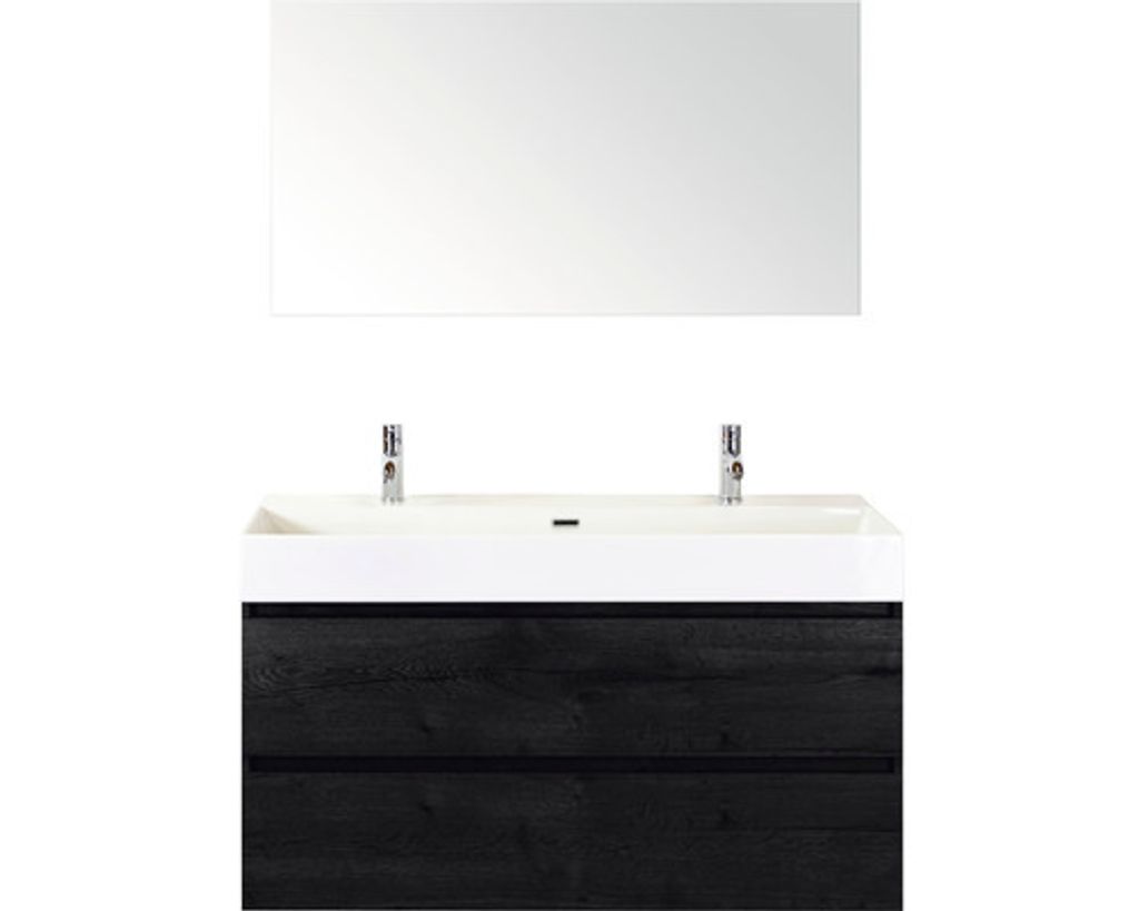 Badmöbel-Set Sanox Maxx XL Frontfarbe black oak BxHxT 121 x 170 x 45,5 cm mit Keramik-Doppelwaschtisch und Spiegel