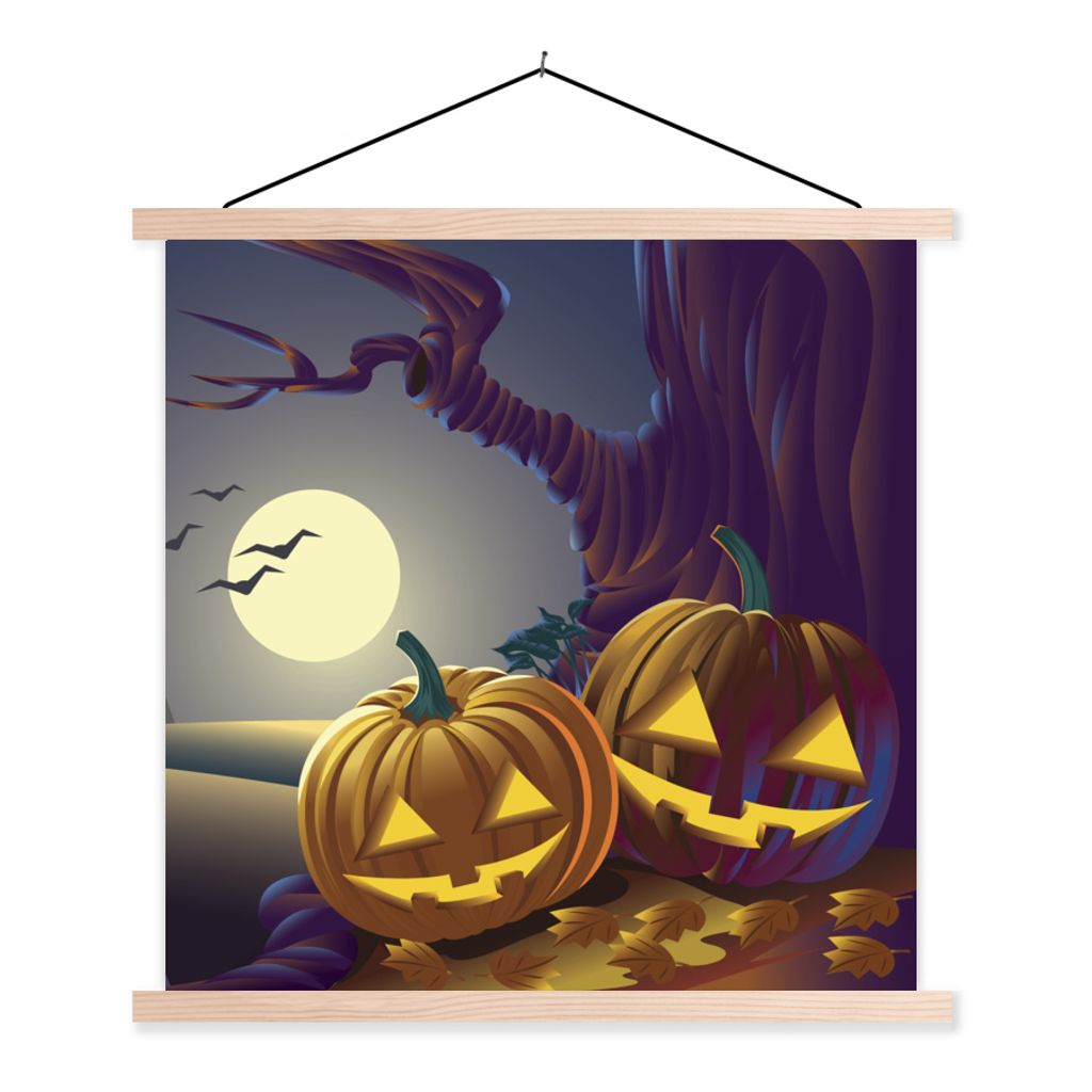 MuchoWow Textilposter Zwei Kürbisse in einer Halloween-Nacht in einer Illustration 120x120 cm mit holzfarbenen Rahmen - Textil-Poster
