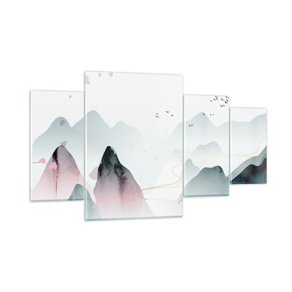 Bilder auf glas - 4 Teile - Berge Vögel Modern - 160x90cm - Glasbilder - Wandbilder - Bilder - zum Aufhängen bereit - Wanddekoration aus Glas - G...