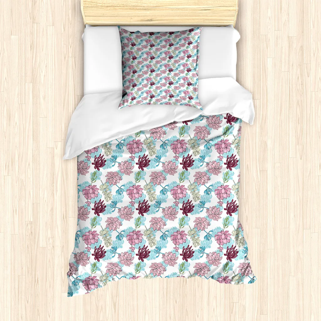 ABAKUHAUS Set copripiumino blu e rosa per letti singoli, Foglie di primavera selvagge, Antiacaro Adatto a chi soffre di allergie con federa, 135 cm x 200 cm - 80 x 80 cm, Multicolore