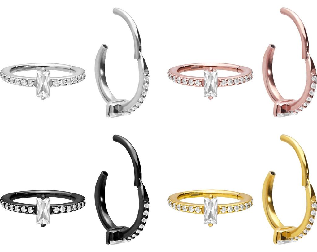 Ohrpiercing, Nasenpiercing, Septum Piercing Chirurgenstahl Segmentring Clicker KRISTALLRECHTECK + EINGEFASSTE KRISTALLE Silber Innendurchmesser: 12 mm