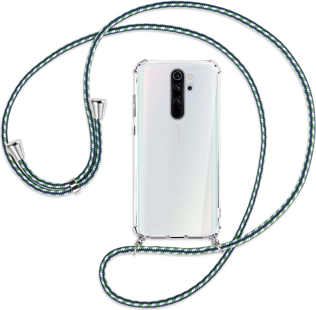 Handykette Backcover-Schutzhülle mit Band (Metall silberfarben) für Xiaomi Redmi Note 8 Pro - grün/blau/weiß