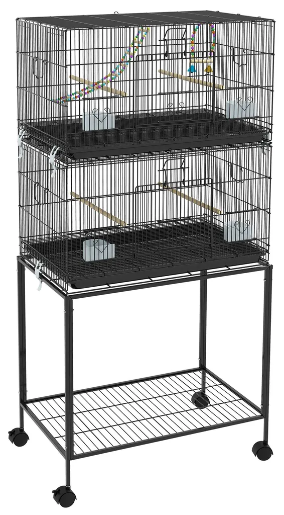 Grande Volière Double Cage Oiseaux Noire avec Perchoirs et Roulettes