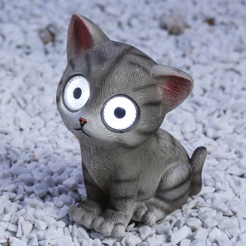 LED Solar KATZE FELIX - Gartenfigur - 2 kaltweiße LED - H: 16cm - grau gestreift