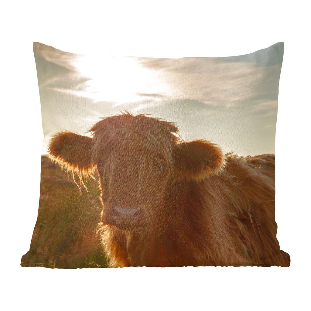 MuchoWow Zierkissen Sofakissen Wohnzimmer Dekokissen 45x45 cm Schottisches Hochlandrind - Sonnenuntergang - Gras - Schlafpolster - Polster für d...