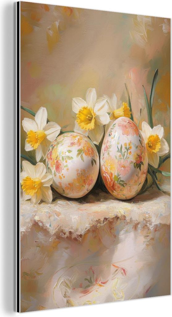 MuchoWow Wanddekoration Metall Metallbild Wandkunst 60x90 cm Blumen - Eier - Bemalt MuchoWow Aluminium Gemälde - Wandbilder - Aluminium
