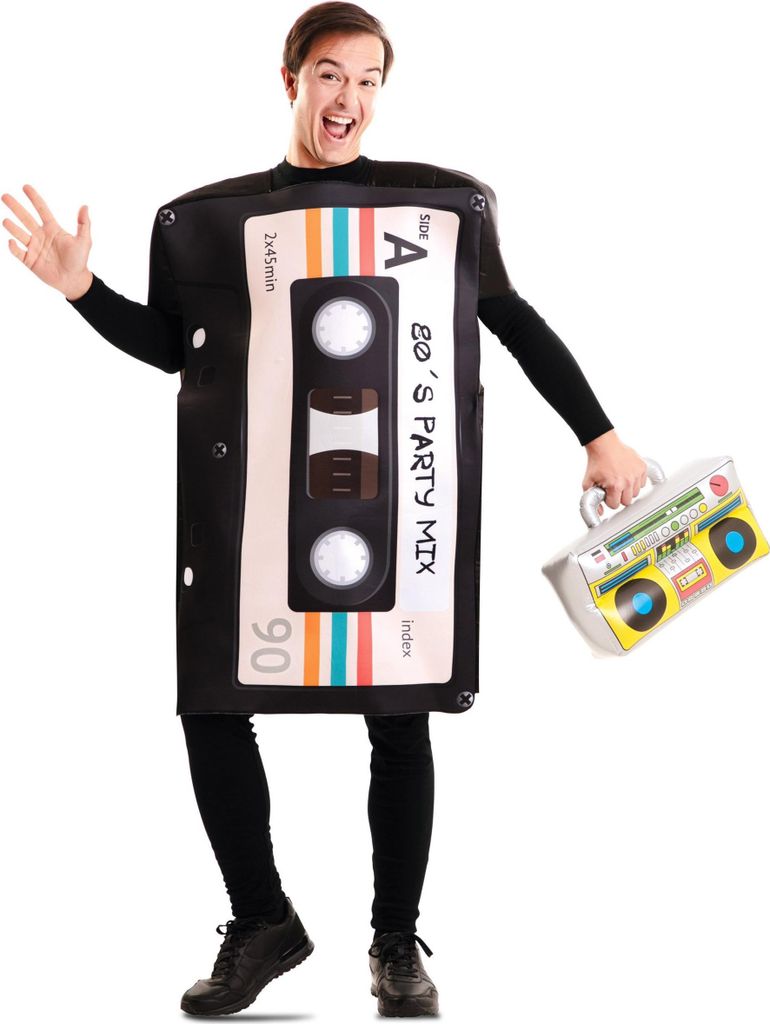 A man wearing a cassette tape costume and holding a boombox.