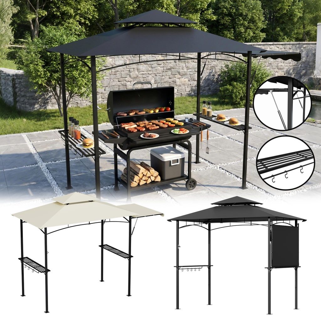 UISEBRT Grillpavillon Grillzelt, Hydraulikgasdruckstange Seitenausläufer, Stahlrahmen Polyester, UV-beständig Sonnenschutz Windschutz, Beige