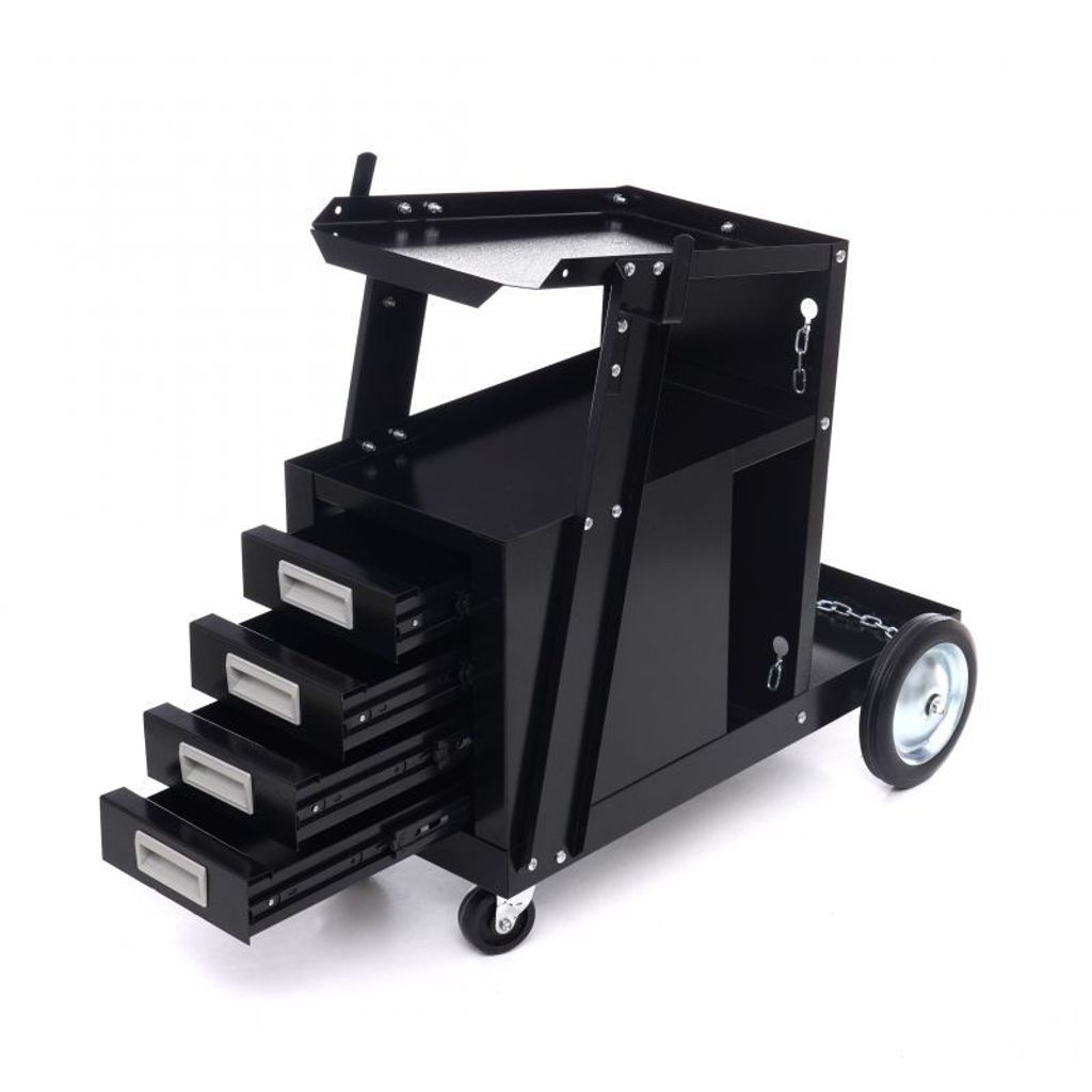 A black metal welding cart with four drawers is shown against a white background.