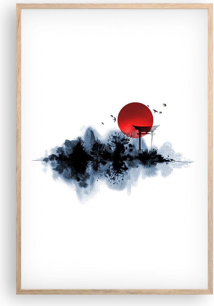 Gerahmtes Poster - Rahmen in heller Eiche - Rot Sonne Tor - 61x91,5 cm - Wand Bild - Wanddeko - Wandbilder - Kunstposter - Wandposter - Bilderrahme...