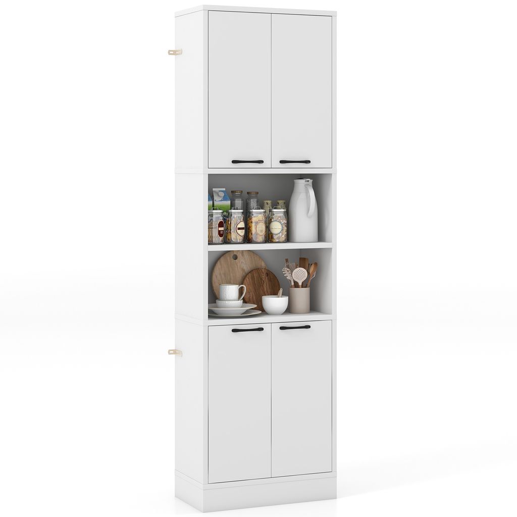 A tall, white kitchen cabinet with two doors at the top and two doors at the bottom, and open shelves in between. It is shown against a white background.