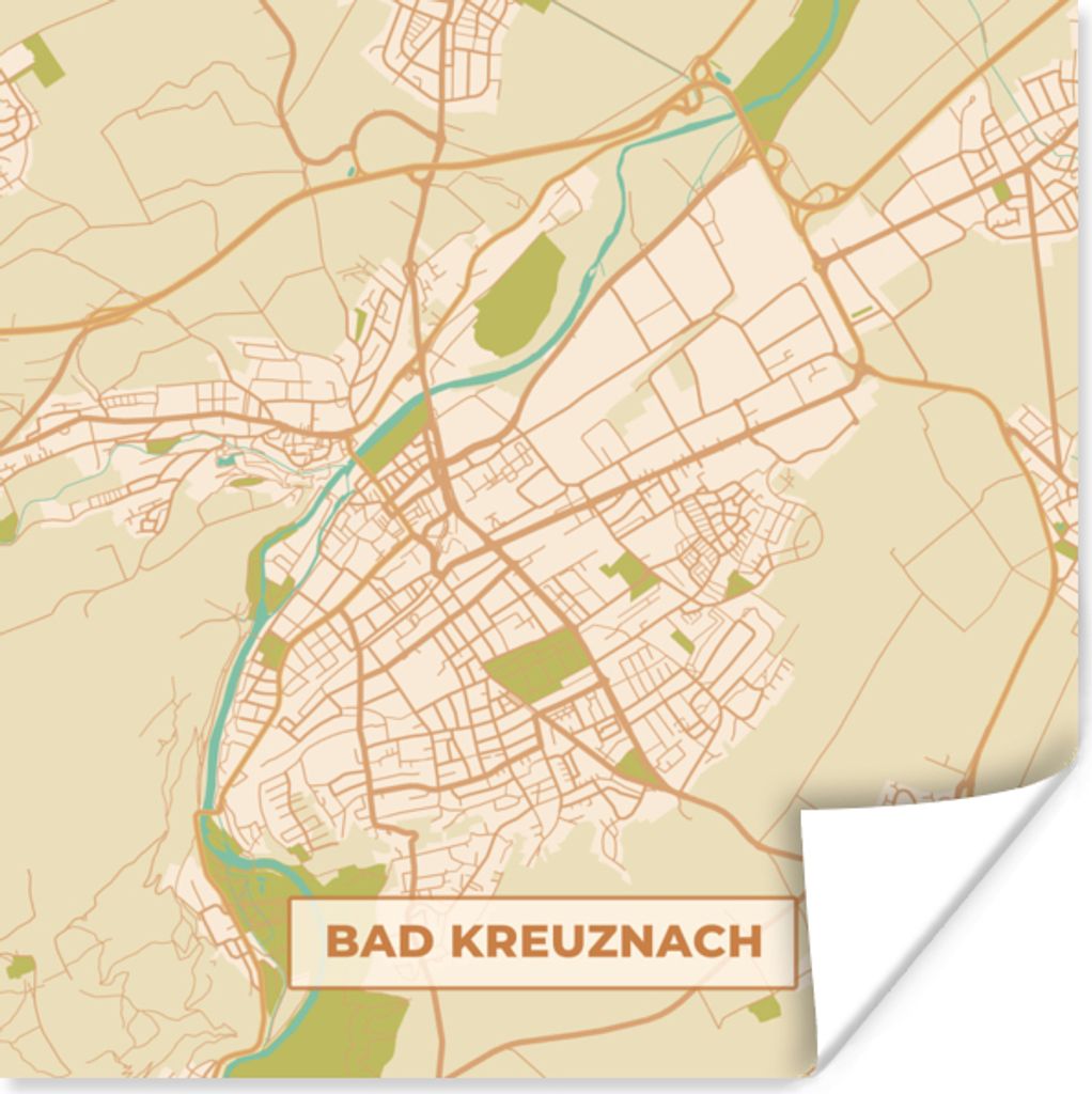 MuchoWow Poster Karte - Bad Kreuznach - Vintage - Stadtplan 30x30 cm - Wandposter - Printing