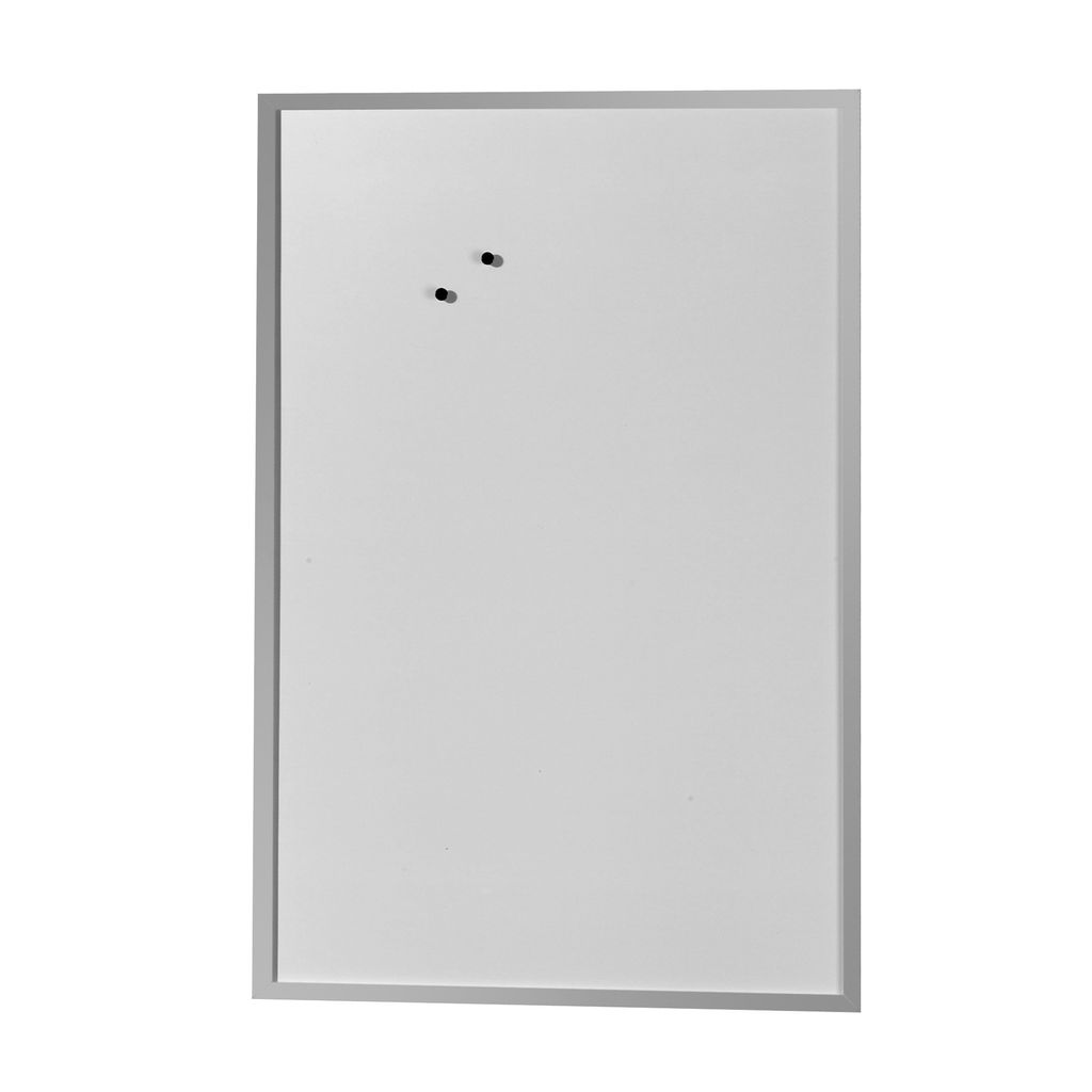 A white magnetic board with a gray frame and two small black magnets attached.