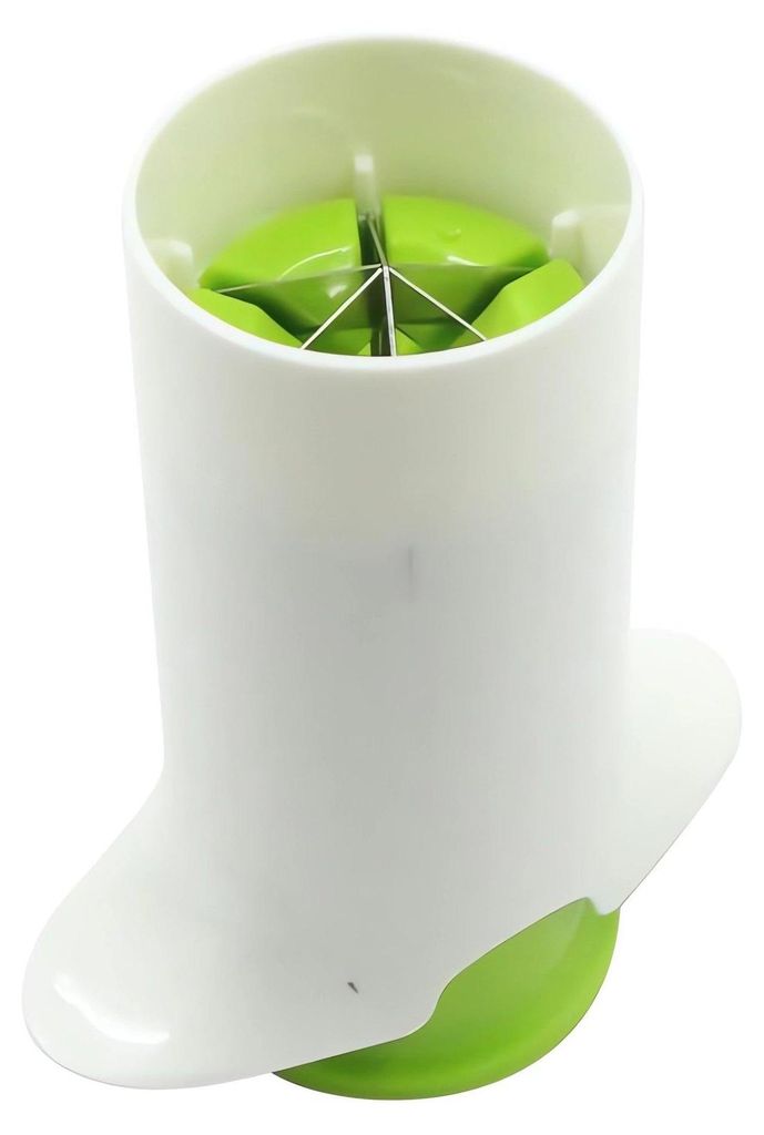 A close-up, studio shot of a green and white vegetable/fruit slicer.