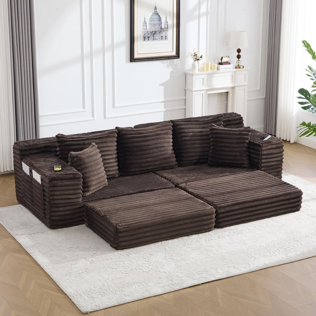 Cordstoff-Kompressionssofa mit hoher Rückenlehne und Zusatzkissen, beidseitigen Taschen und Getränkehaltern, frei kombinierbar als Schlafsofa, braun