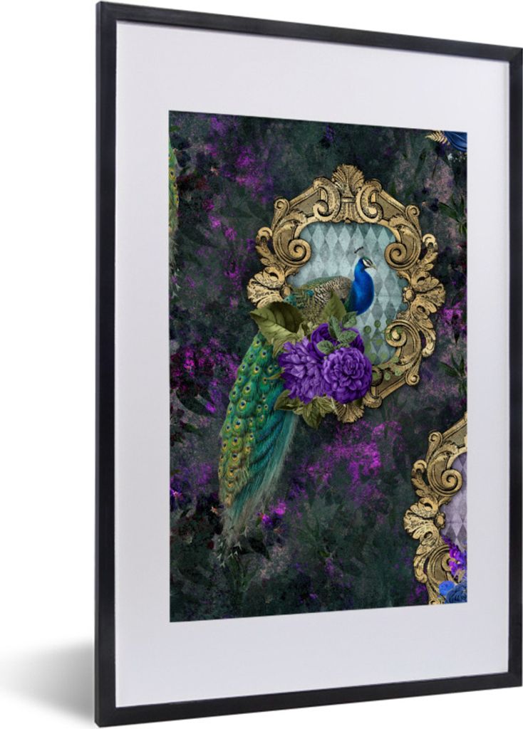 MuchoWow Gerahmtes Poster Muster - Blumen - Pfau 40x60 cm - Poster mit Schwarzem Bilderrahmen Wandposter Rahmen Foto Bilder - Poster in Rahmen