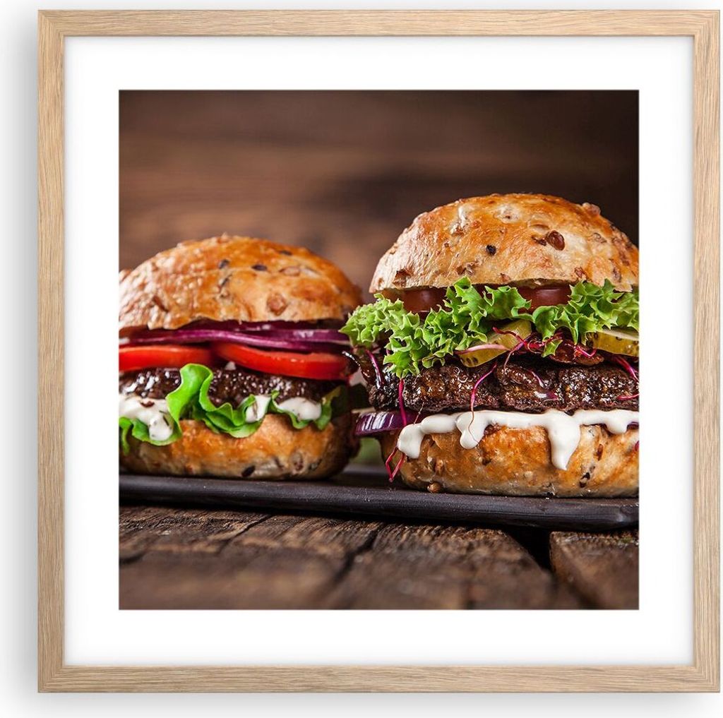 Gerahmtes Poster - Rahmen in heller Eiche - Amerikaner Hamburger Essen Barbecue - 40x40 cm - Wand Bild - Wanddeko - Wandbilder - Wandposter - Bilde...