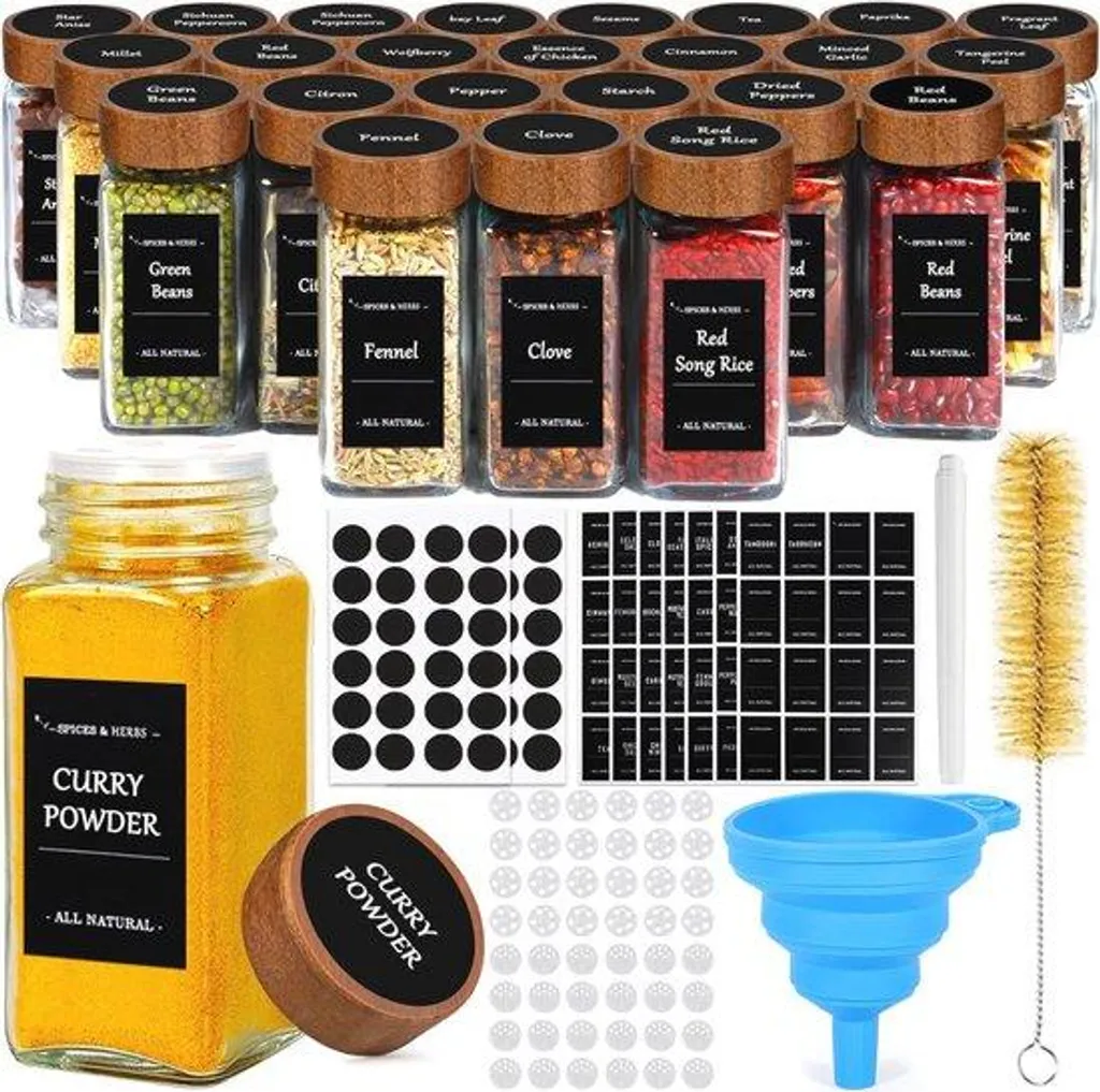Rangement épices cuisine : set de 24 bocaux en verre et bois élégants