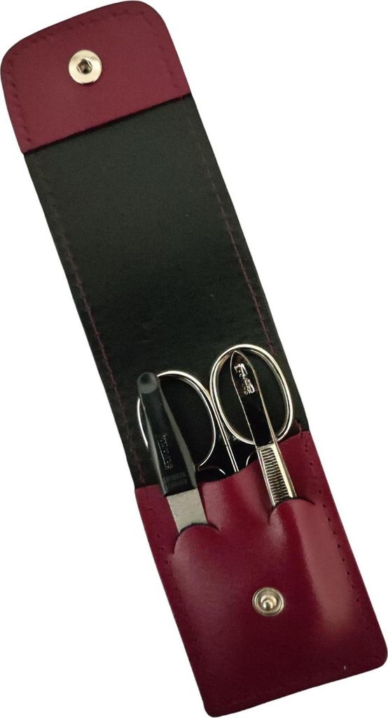 Solingen* Maniküre Set im Lederetui – Germany – Nagelschere, Saphirnagelfeile (grob/fein), Pinzette zur Nagelhautpflege – Echtes Leder Beere