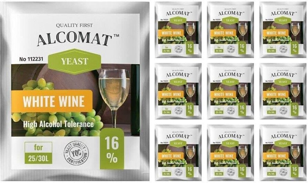 Alcomat White Wine HAT Yeast Weißweinhefe Gärhefe Wein Weinhefe Weißwein 25 bis 30 Liter aktive Trockenhefe bis 16% 10 Stück