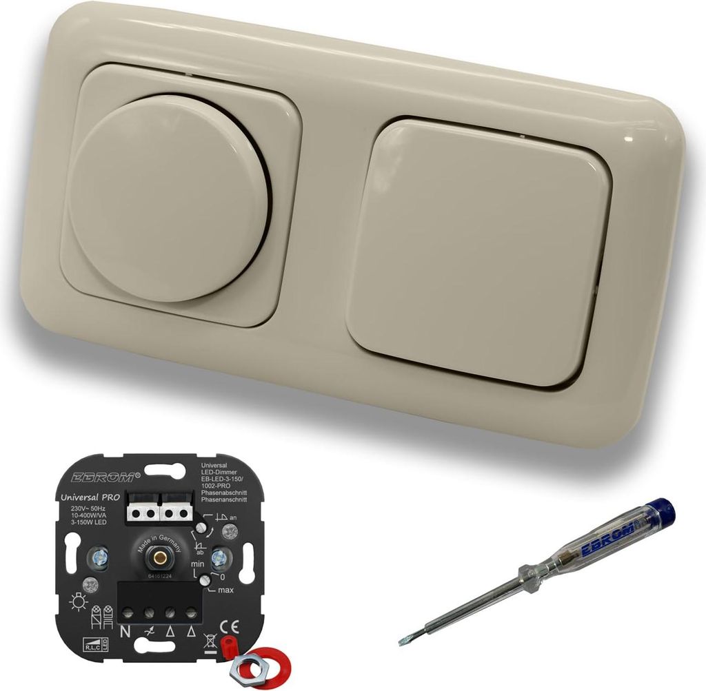 EBROM 1002 Universal PRO LED Drehdimmer Dimmer + Busch Jäger Dimmerscheibe 2115-212 und Kreuzschalter 2000/7 US in DURO2000 cremeweiß glänzend i...