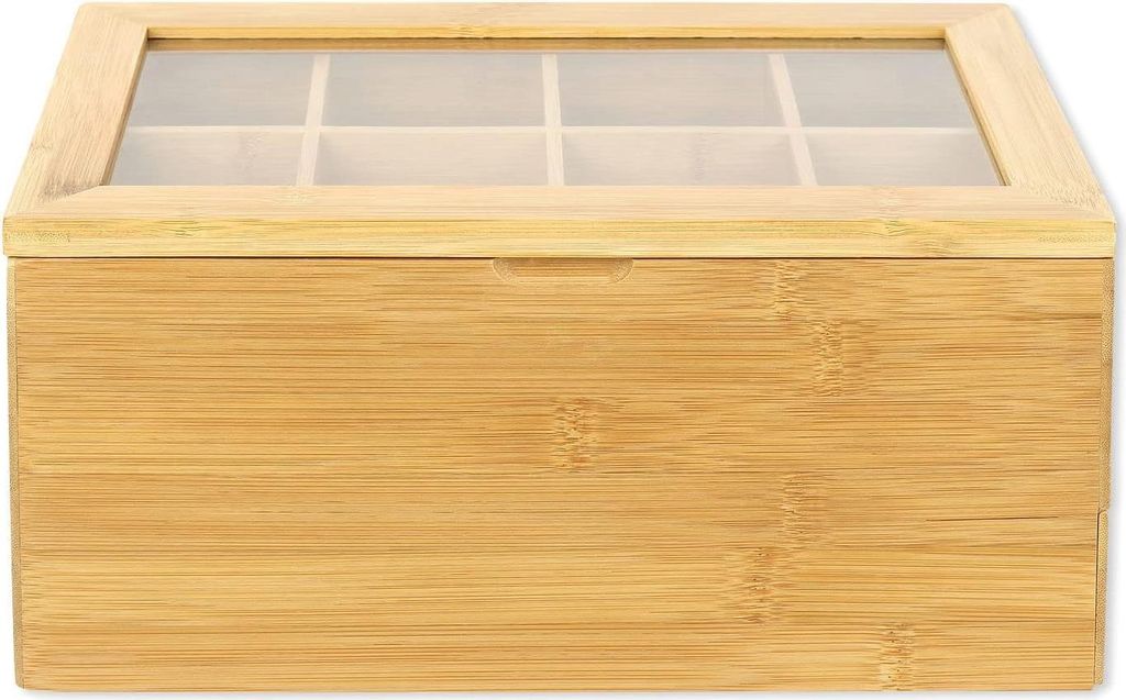 Bambus-Theedoos mit 8 Fächern und Schublade - Teebeutelbox mit Sichtfenster