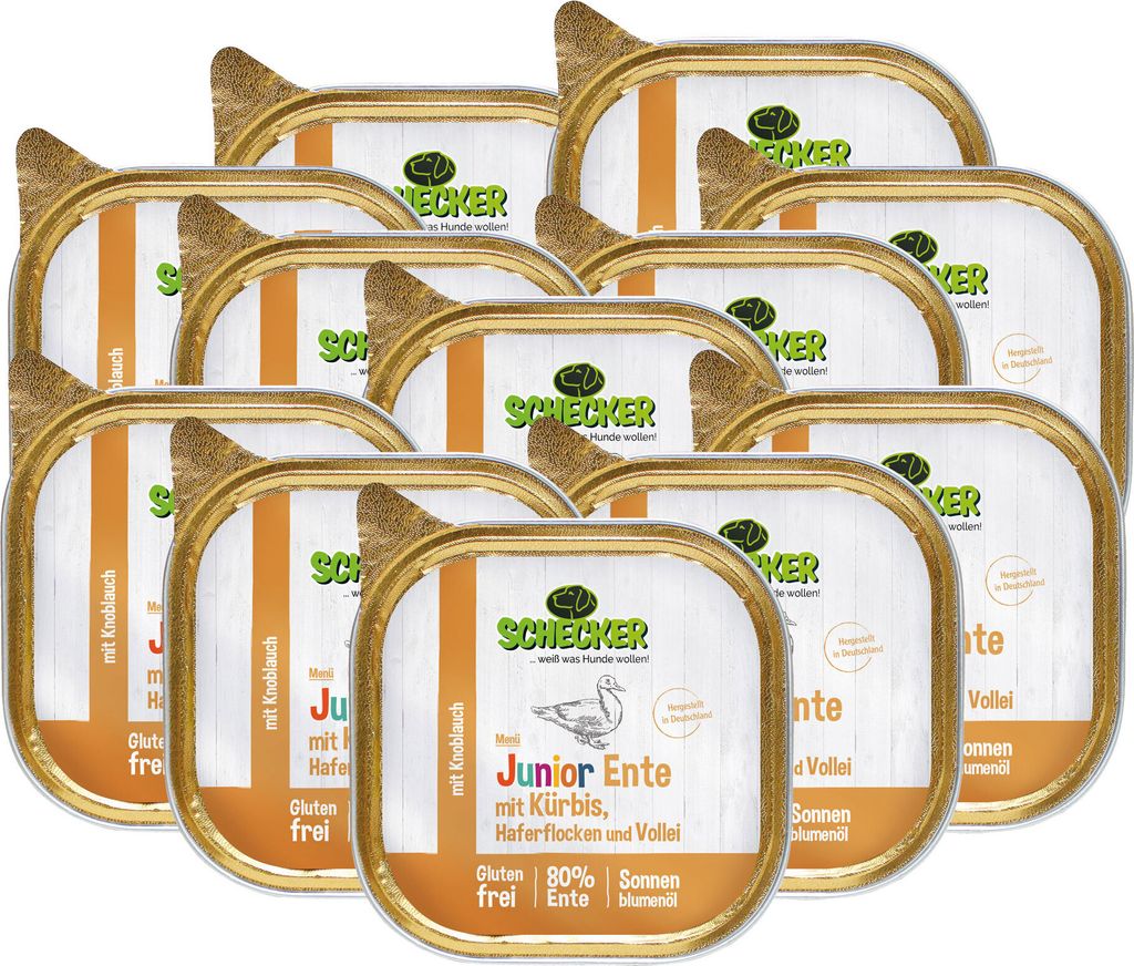 12 x 200g - Schecker Nassfutter - Hundemenü - Junior Ente mit Kürbis, Haferflocken und Vollei