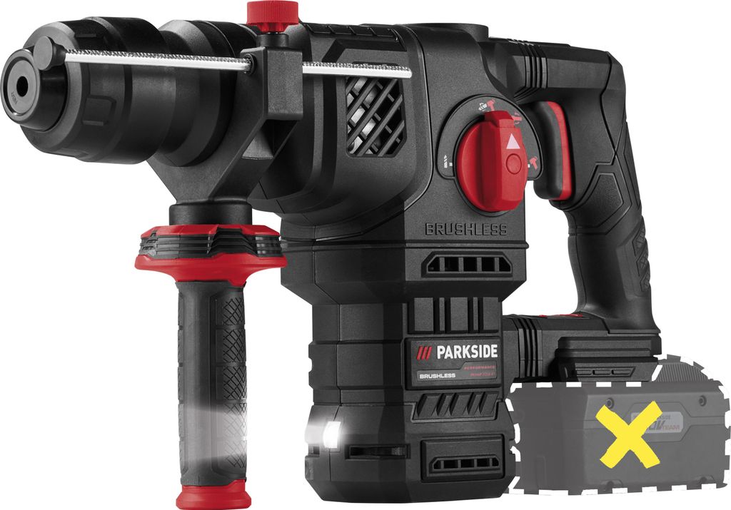 A black and red cordless rotary hammer drill is shown against a white background. A yellow 'X' symbol is overlaid on a grayed-out representation of a battery pack at the bottom right of the image.