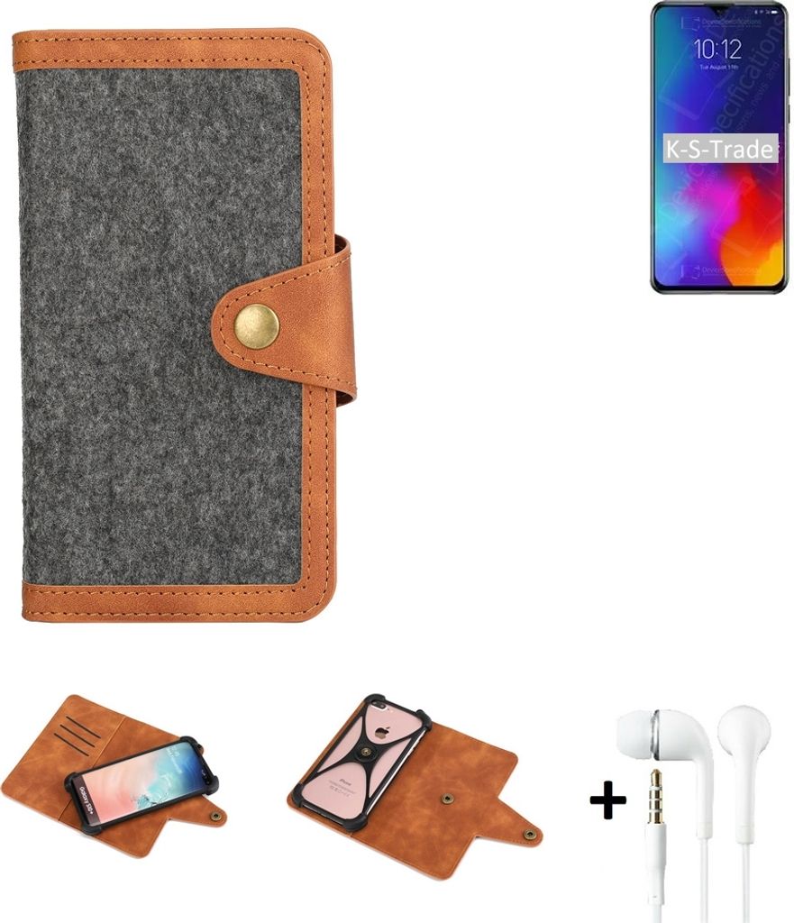 K-S-Trade Handyhülle + Kopfhörer kompatibel mit Lenovo K10 Note Schutzhülle Filzhülle Kunstleder dunkelgrau braun (1x)