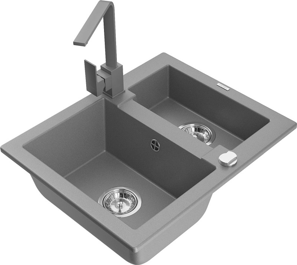 Mexen Carlos 1,5-Becken-Granitspüle mit Mischbatterie Rita, Grau - 6518-71-670300-71