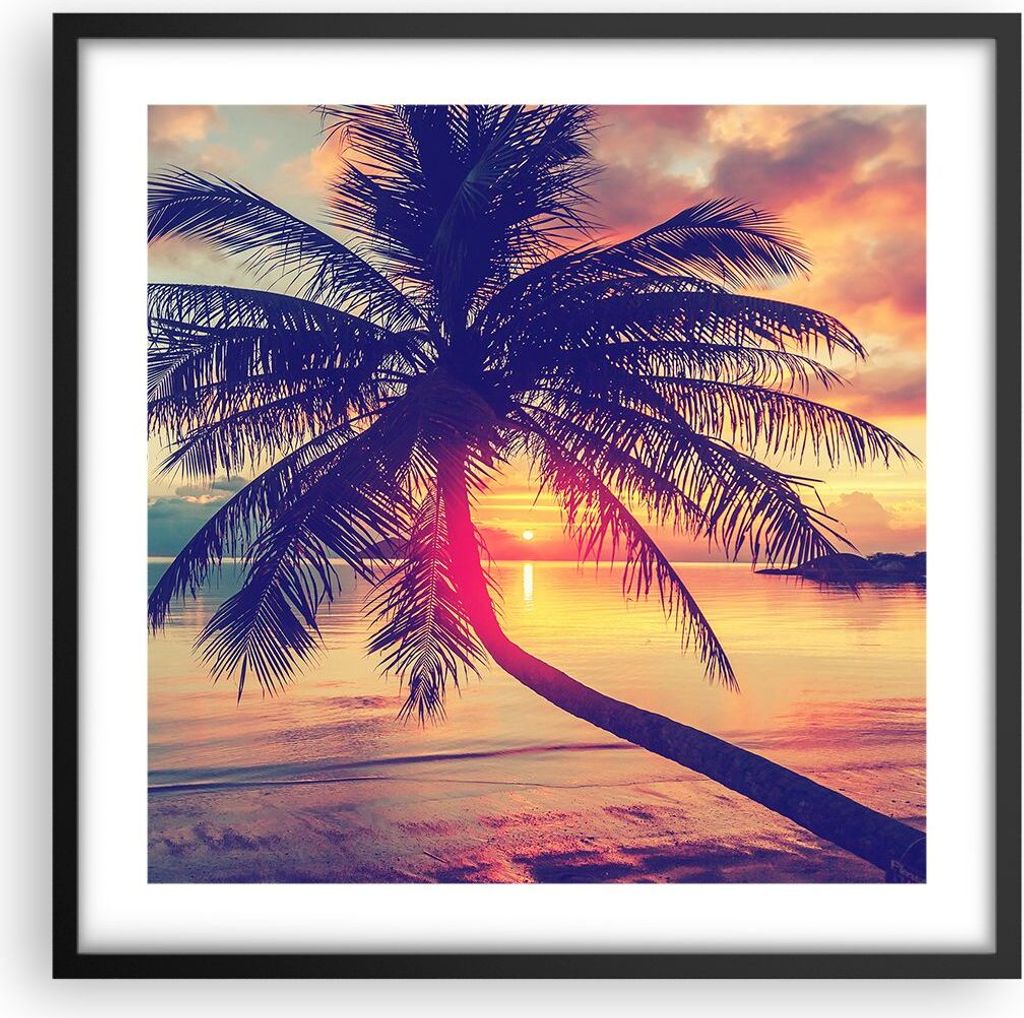 Gerahmtes Poster - Schwarzer Rahmen - Meer Strand Palme - 50x50 cm - Wand Bild - Wanddeko - Wandbilder - Kunstposter - Wandposter - Bilderrahmen - ...