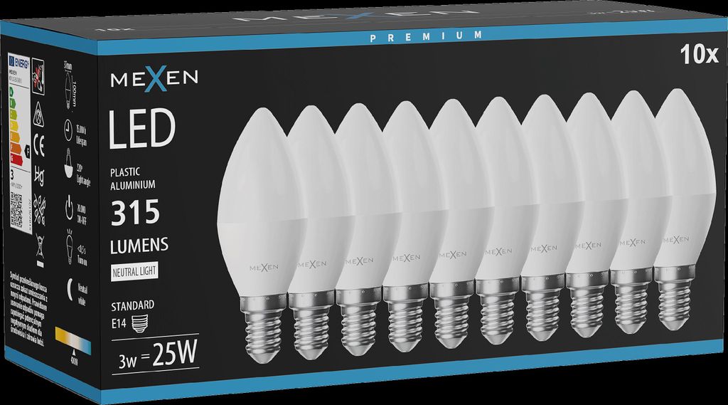 Mexen Nova 10x LED-Lampe E14, C37, 3W, Neutral - 4000K, 315 lm - L102-E14-0340-01x10