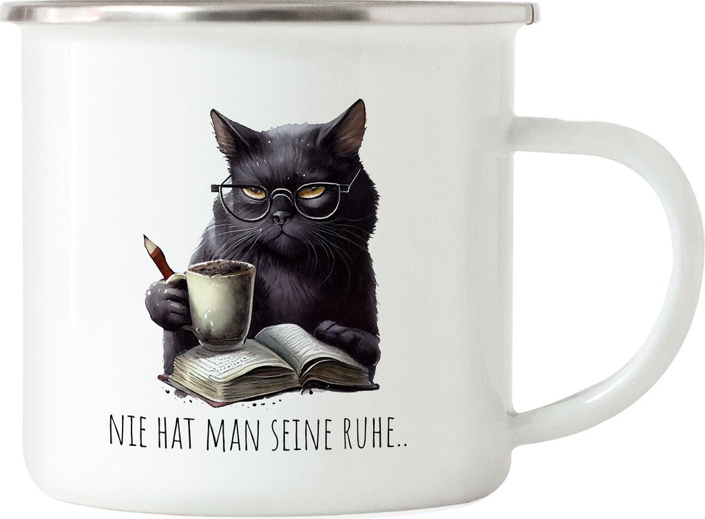 Nie hat man seine Ruhe Emaille Tasse Katze Leseratte Bücherwurm Roman