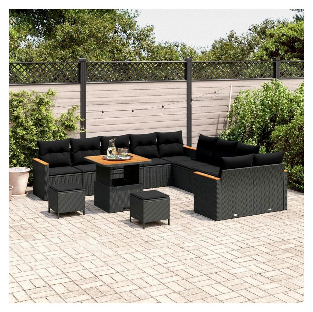 13-teiliges Garten-Sofaset mit Kissen in Schwarz aus Poly-Rattan und Akazie für den Außenbereich