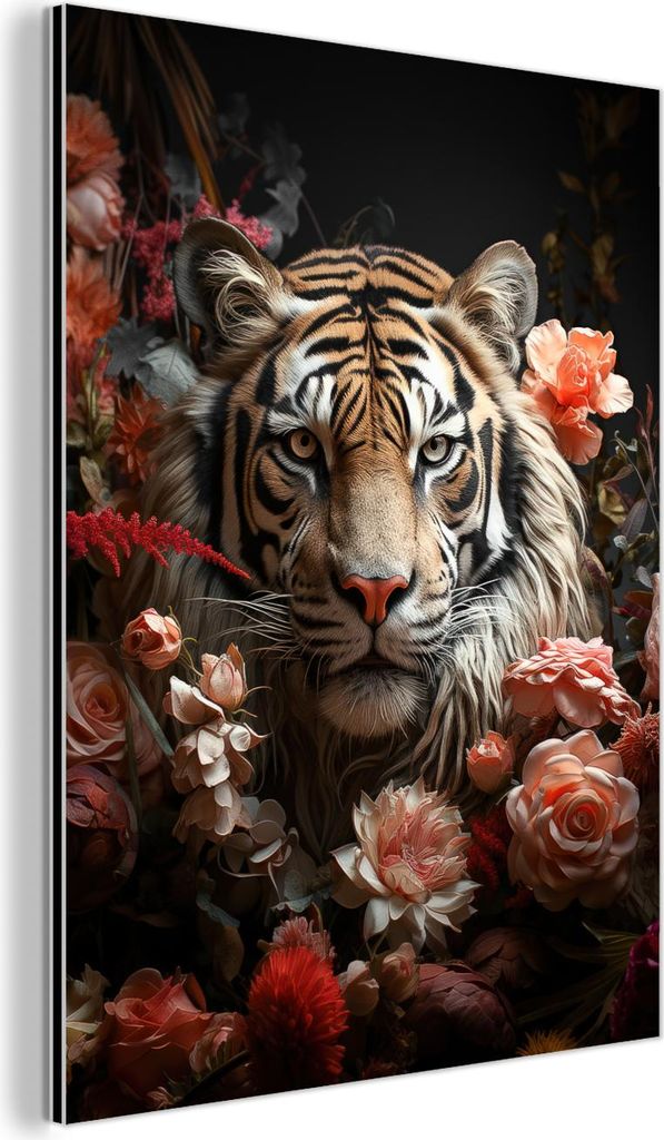 MuchoWow Wanddekoration Metall Metallbild Wandkunst 30x40 cm Tiger - Tier - Natur - Floral - Botanisch MuchoWow Aluminium Gemälde - Bilder