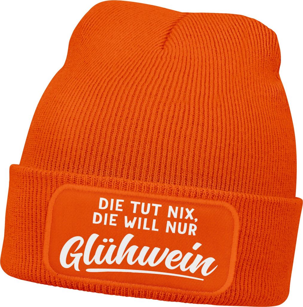 Damen Beanie mit Patch Strickmütze mit Spruch Glühwein Aufdruck Lustig Damenmütze Moonworks
