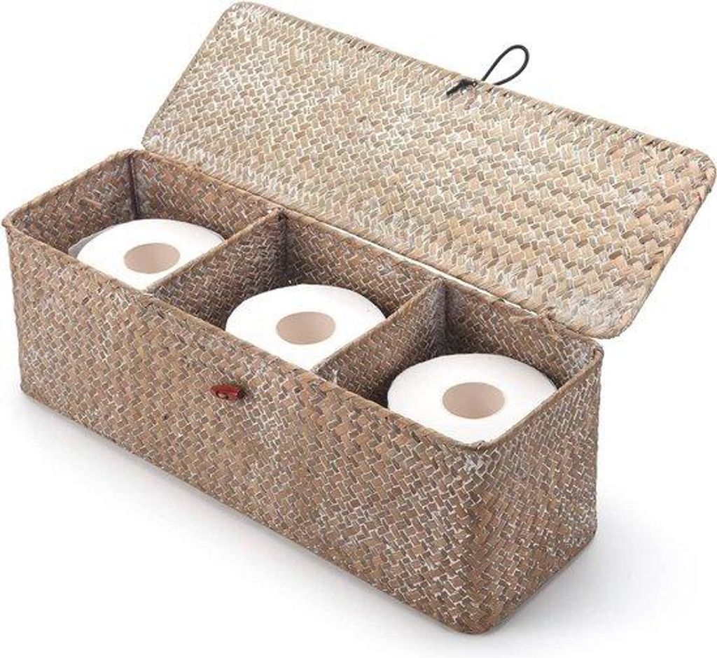 Rechte Plastikbox mit Deckel - naturweiß - geflochten - rechteckig - 42 x 14 x 14 cm