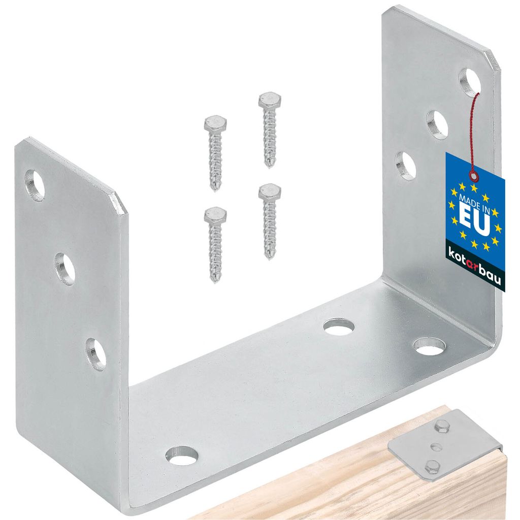 A U-shaped metal bracket and screws are shown against a white background, with a small wooden piece at the bottom right showing how the bracket is attached.