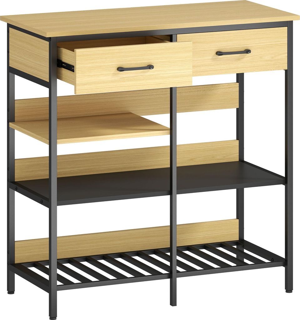 Sideboard, Kommode mit 2 Schubladen, 3 offenen Regalen Küchenschrankfür Küche, Wohnzimmer 90 x 40 x 91 cm, Naturholz