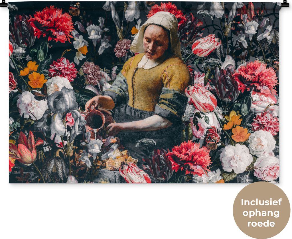 MuchoWow Wandteppich Wandbehang Milchmädchen - Johannes Vermeer - Blumen 150x100 cm Tapisserie Dekoration Wandtuch - Waschbar - Tapisserien - Wa...