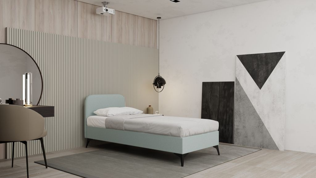 Polsterbett MAVILO - Komfortbett mit Stauraum, Einzelbett, 90x200cm, Blau, Taschenfederkernmatratze mit Kokosmatte, H2/H3