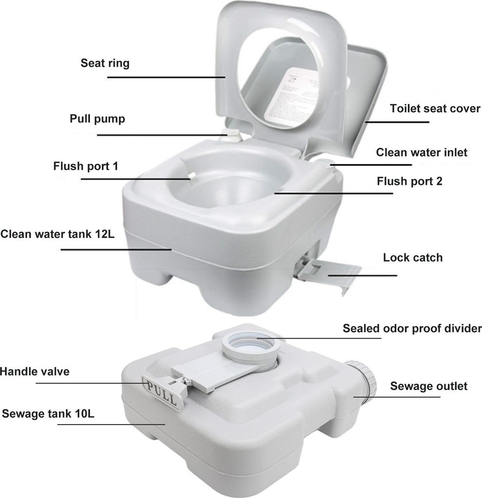 Tragbare Toilette, 10 l, 2,6 Gallonen, großes Fassungsvermögen, 440 lbs, Camping, Reisen, Luftspülung für Auto, Boot, Wohnmobil, Reisen, Einzel...