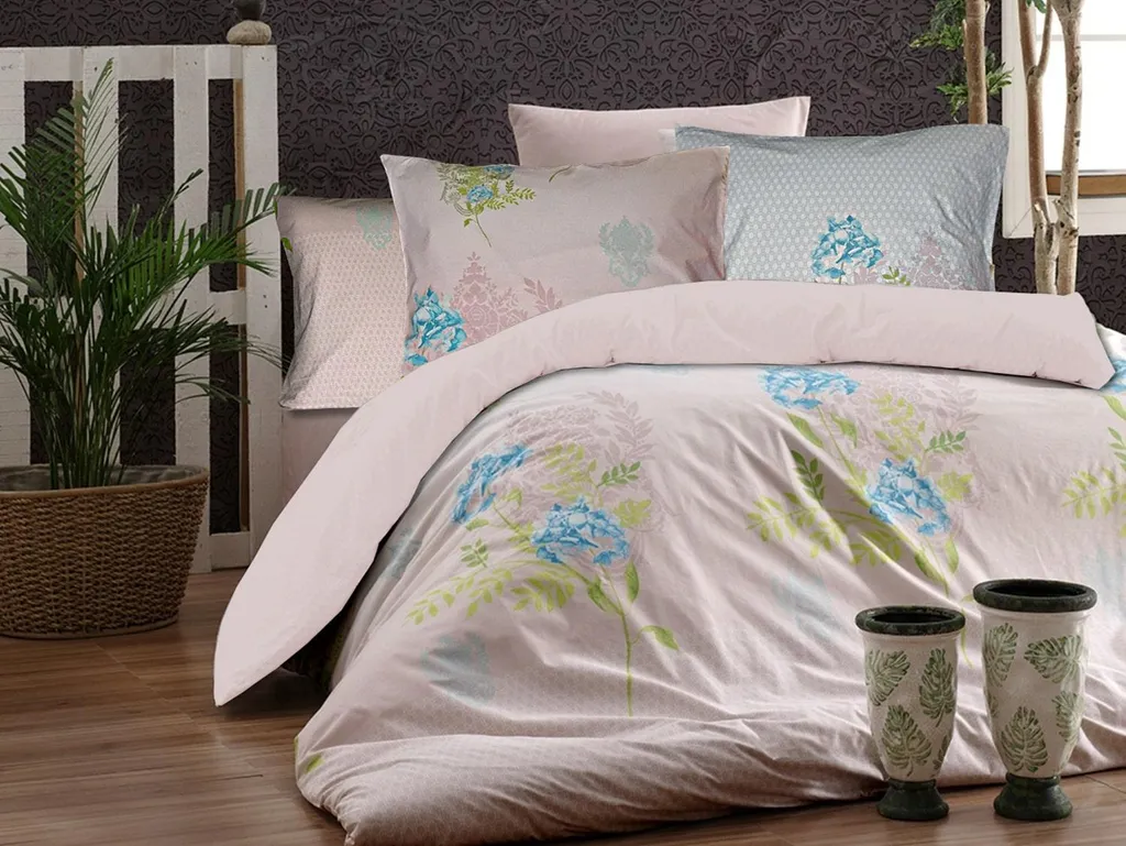 Housse de Couette Fleurs Ortanca 200x220 cm en Pur Coton Rose Poudré