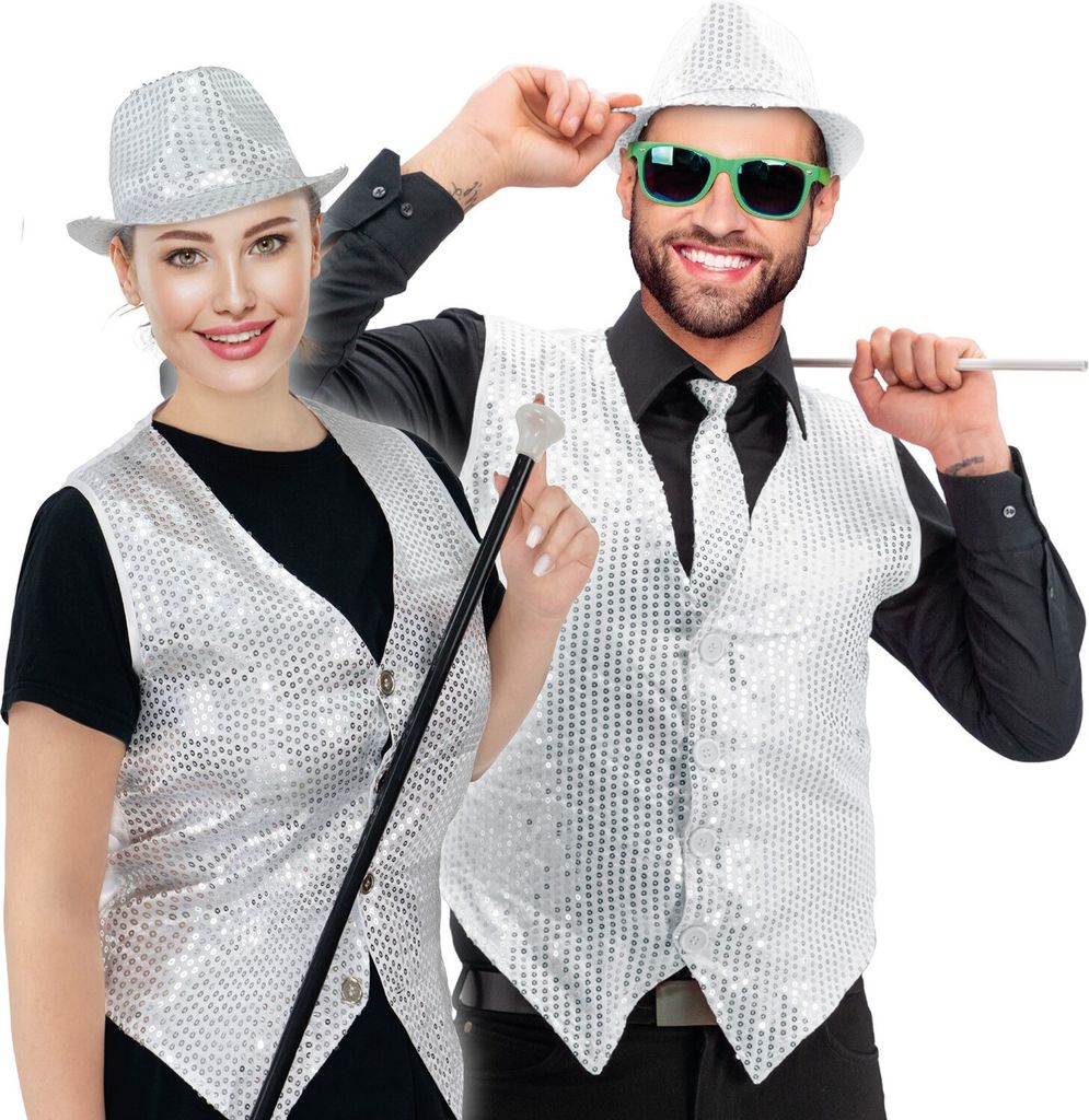 Pailletten Weste Silber XXL Uni mit Knopfleiste Glitzer Produktbild 