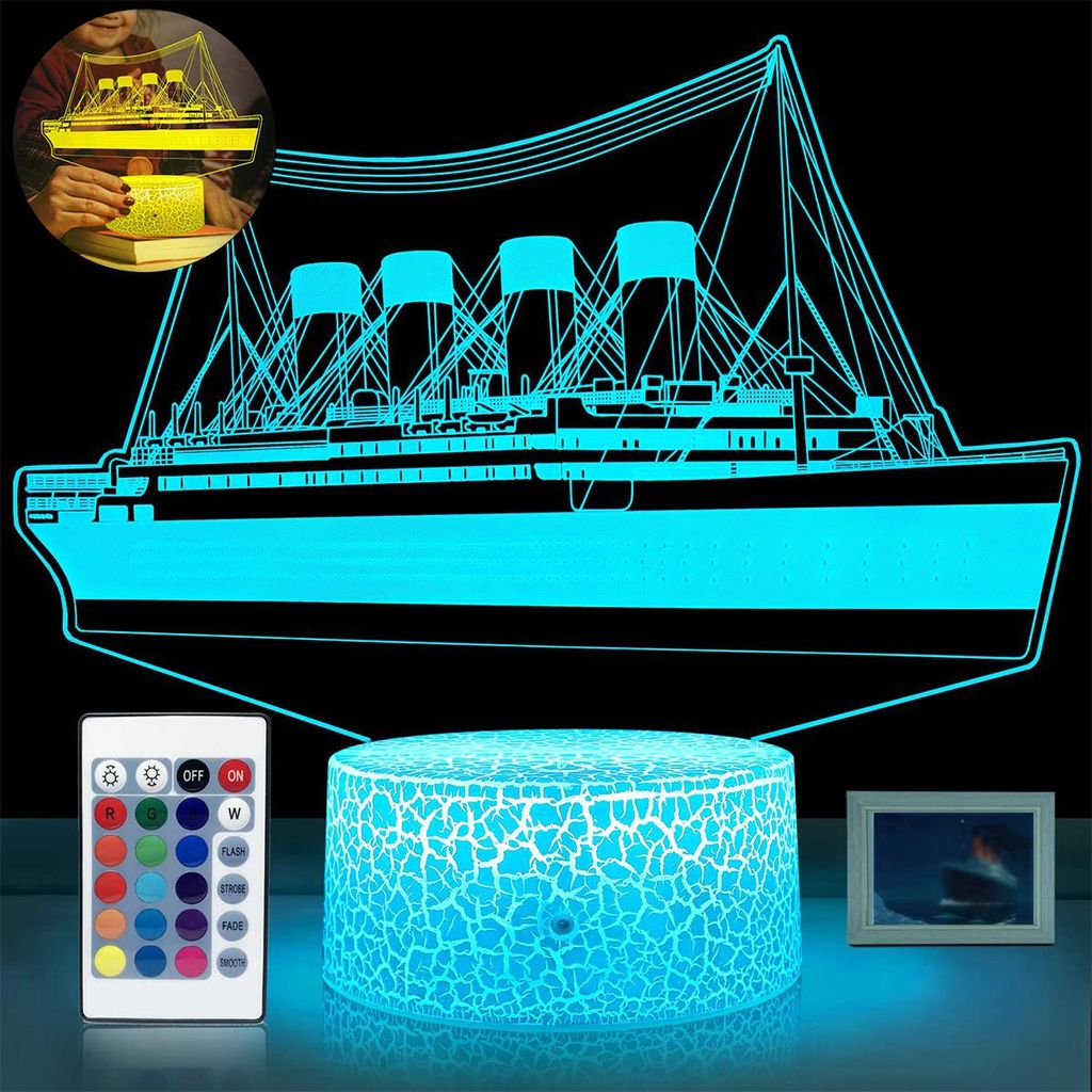 Titanic Nachtlicht 3D LED Lampe mit 16 Farben, Fernbedienung & Touchsteuerung, USB oder Batterie, flackerfrei, Kinderzimmer Deko Geschenk