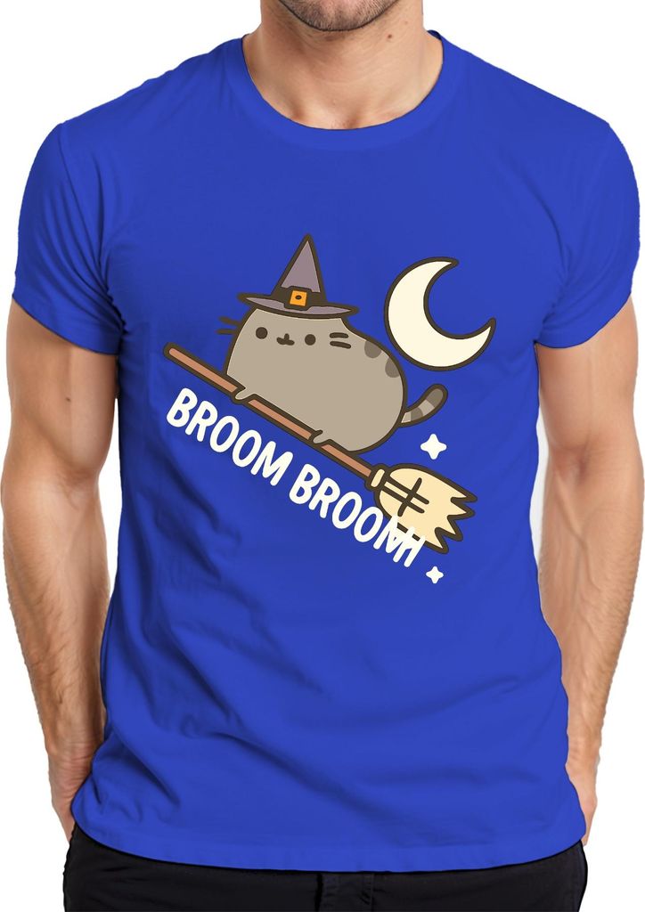 Süße Hexenkatze Niedlich Besen Halloween Mond Cartoon Katze Stern Herren T-Shirt, Blau, 3XL